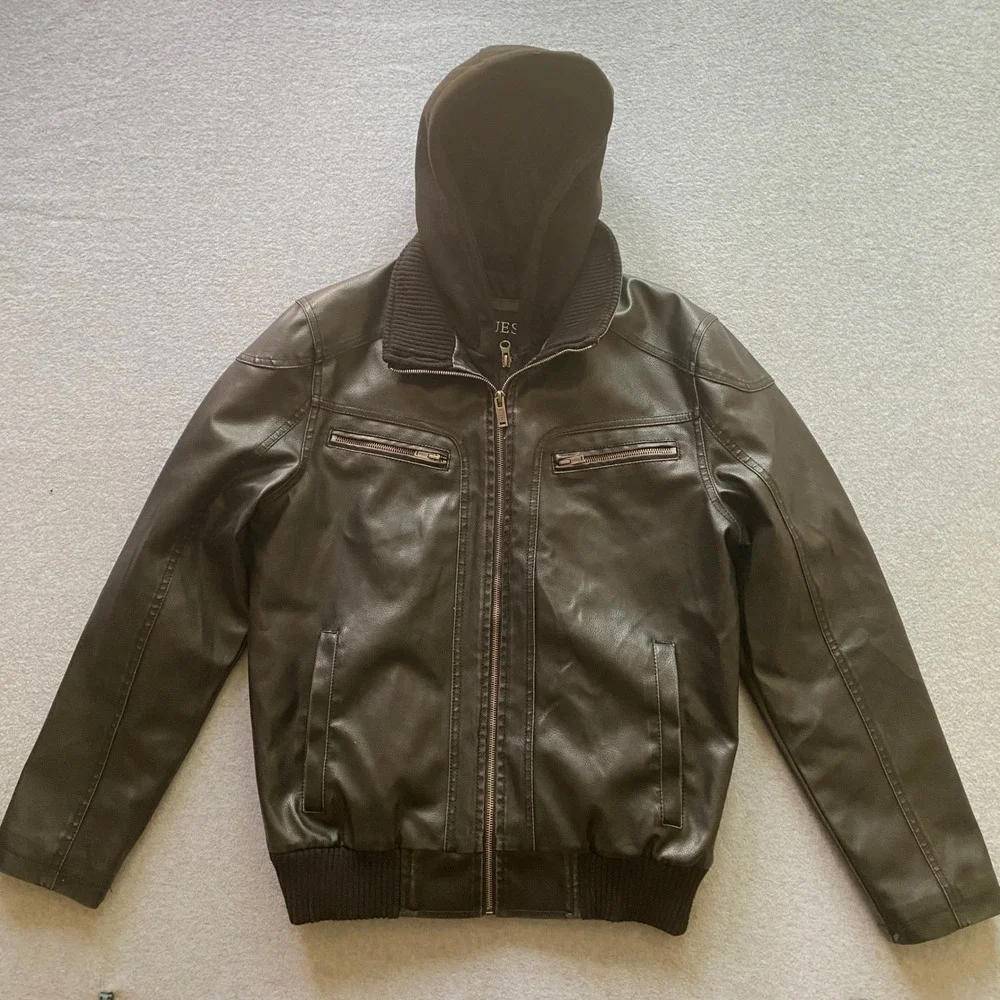 Guess Mens Faux Brown Leather Bomber Jacket Black Hooded Bib Layered Coat Medium